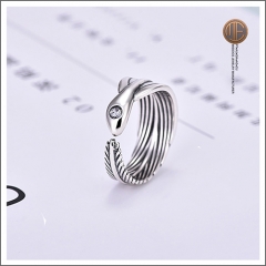 MESR-00007 Feather style 925 sterling silver ring with cubic zirconia fish ring open loop free ring size rhodium plating with oxidized  MISSOCE