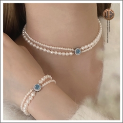MESS-00009 Pearl Set Bracelet and Necklace With Big Sapphire Stones
